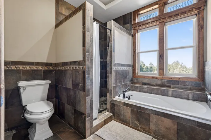 Full bathroom with a bath, tile walls, a stall shower, and wainscoting