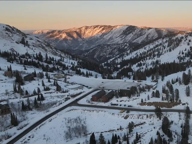 Snowy aerial view featuring a mountain view