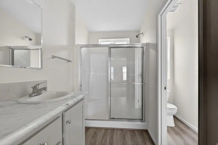Bathroom featuring vanity, a shower stall, and light wood-type flooring