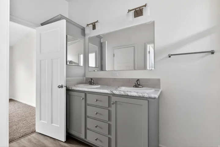 Bathroom with double vanity and light wood-type flooring