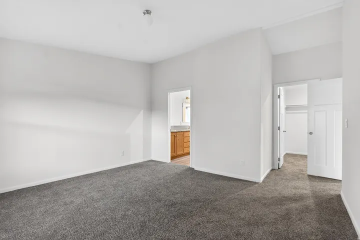 Unfurnished bedroom featuring a spacious closet, carpet, and connected bathroom