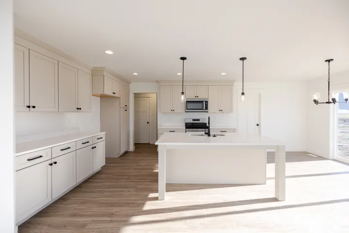 Kitchen featuring light wood-style floors, stainless steel appliances, a kitchen island with sink, and hanging lights