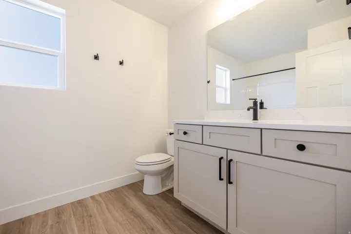 Full bathroom featuring vanity, light wood-style flooring, and a shower