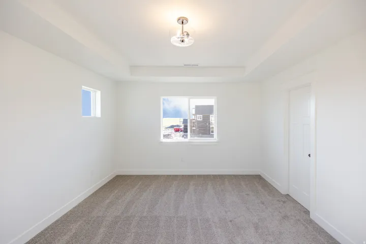 Empty room featuring a tray ceiling and carpet floors