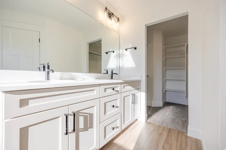 Full bath featuring double vanity, light wood-style flooring, light carpet, and a walk in closet