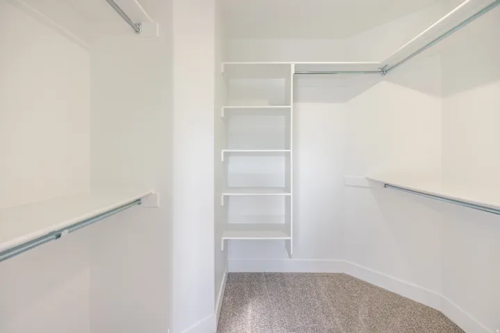 Walk in closet featuring light carpet