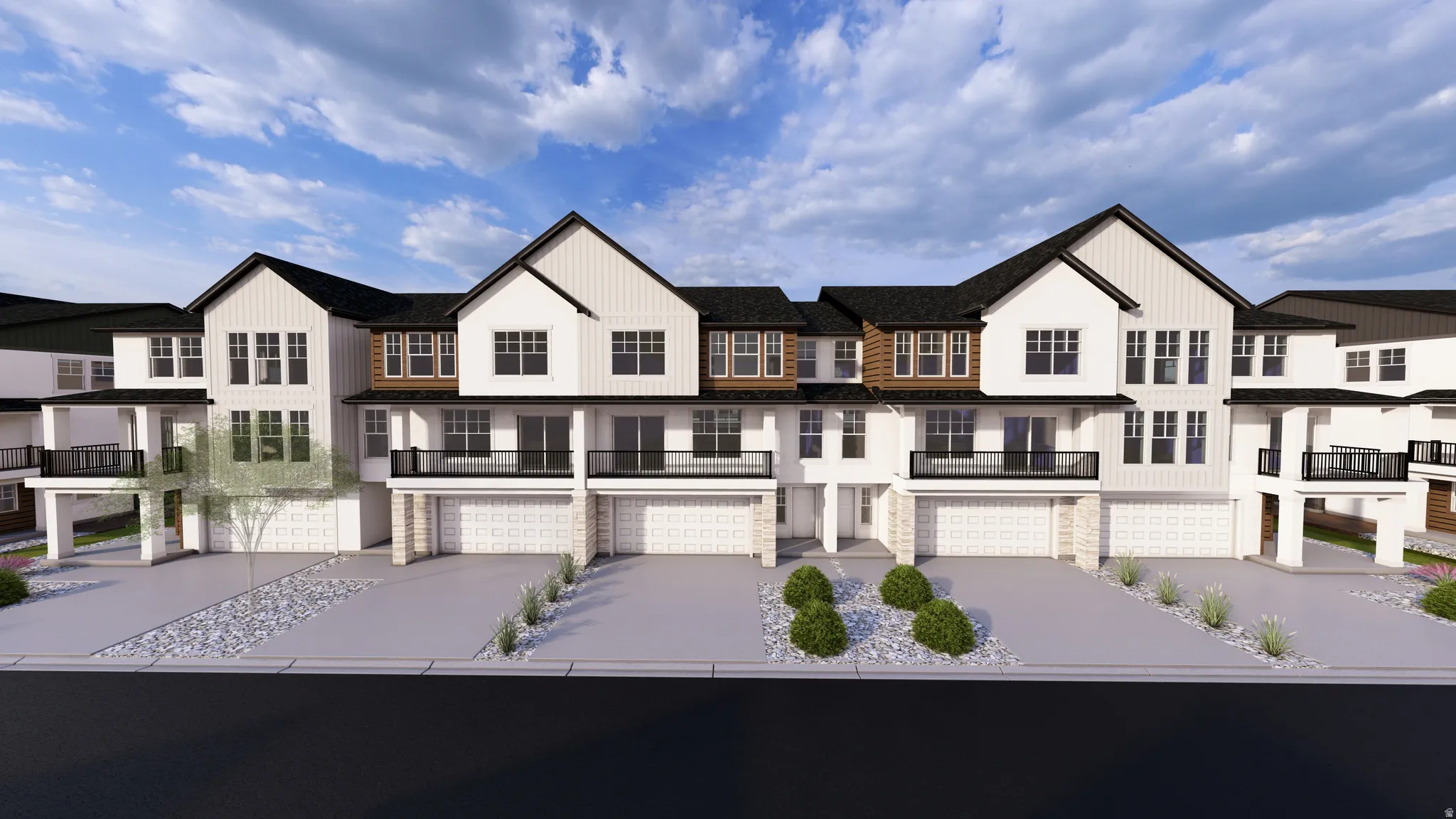 Modern farmhouse style home featuring a balcony, a residential view, concrete driveway, and an attached garage