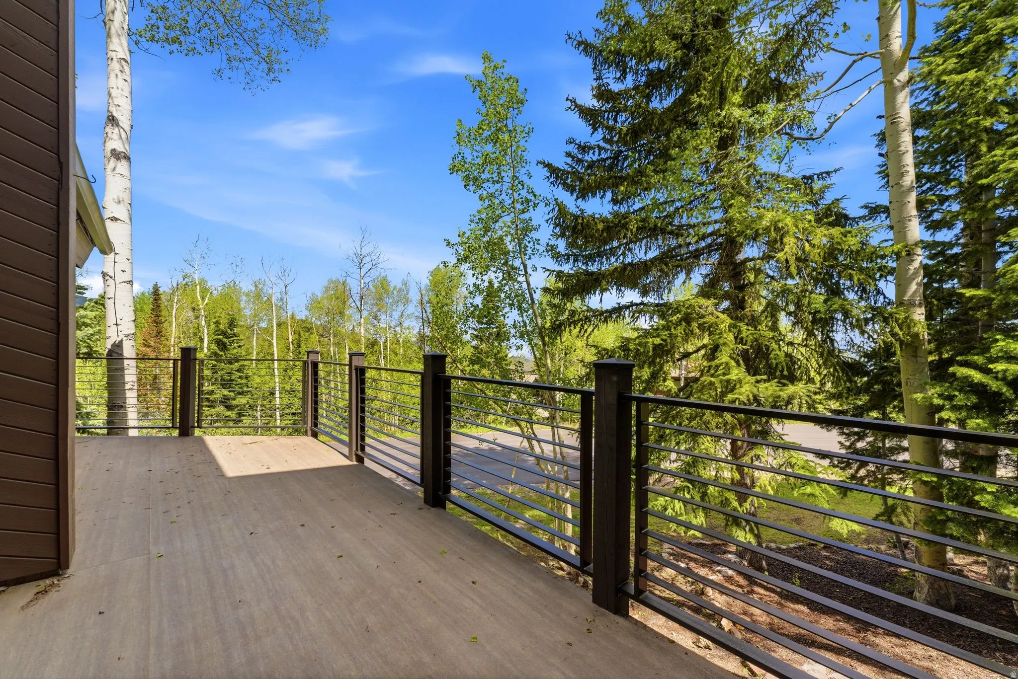 Expansive outdoor deck featuring wood-finish flooring and contemporary metal railings