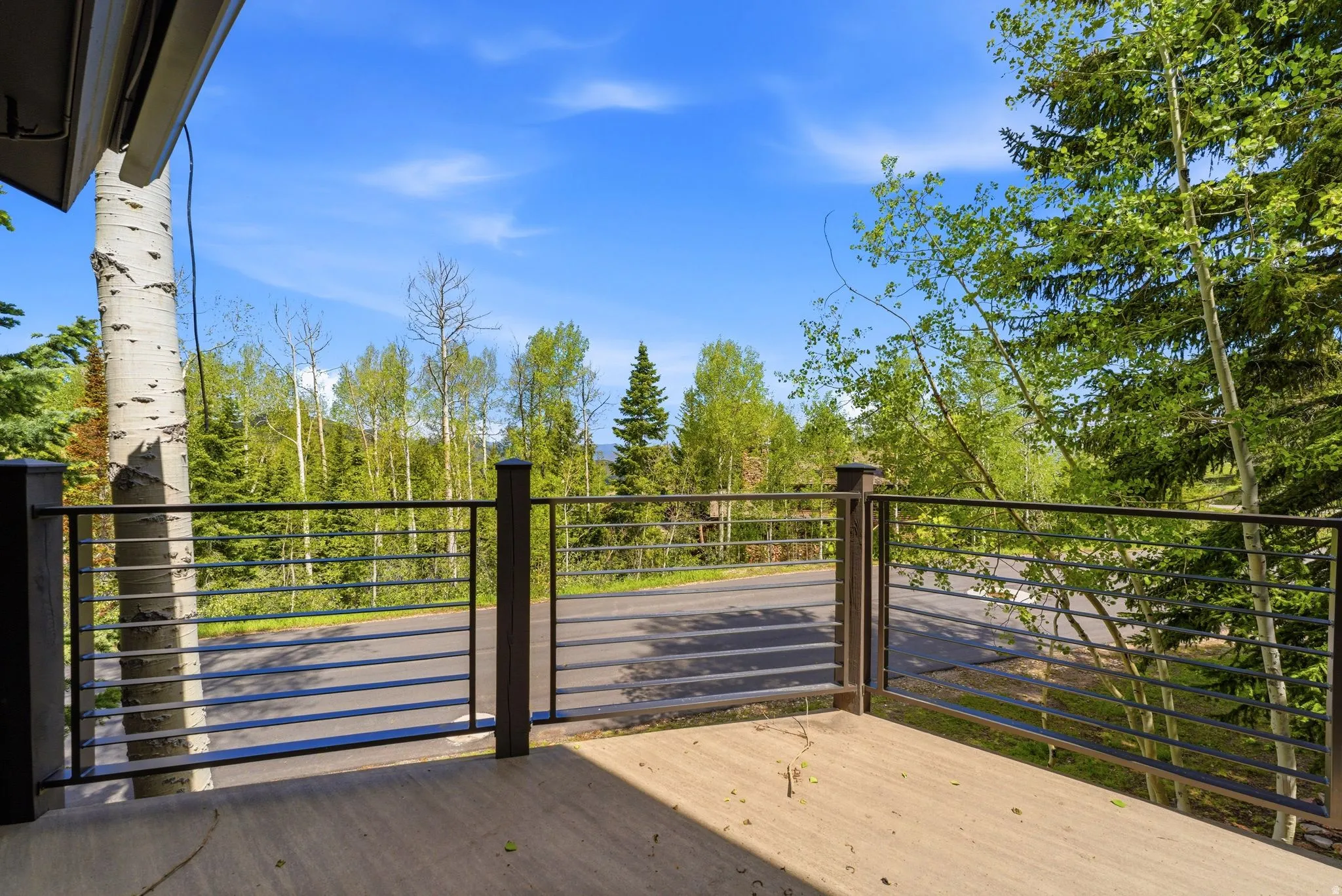 Outdoor concrete patio featuring horizontal metal railing