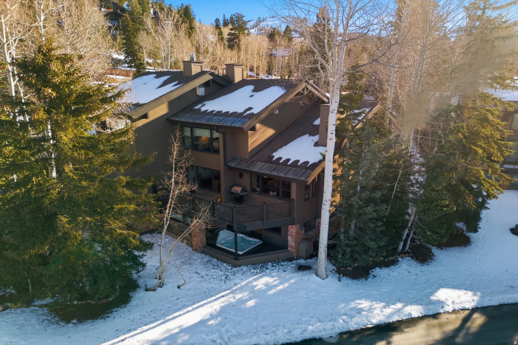 Snowy aerial view with view of scattered trees