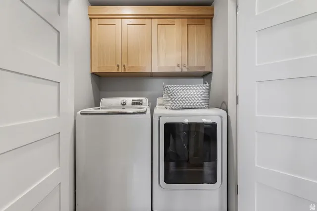 Laundry room featuring cabinet space and washing machine and clothes dryer