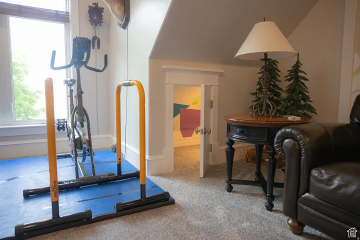 Exercise area featuring carpet flooring