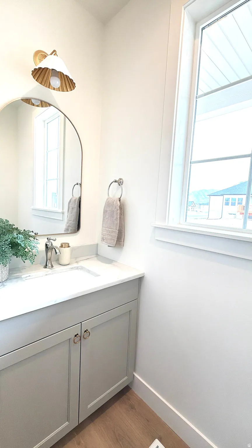 1/2 Bathroom featuring vanity, dark wood-type flooring, and healthy amount of natural light