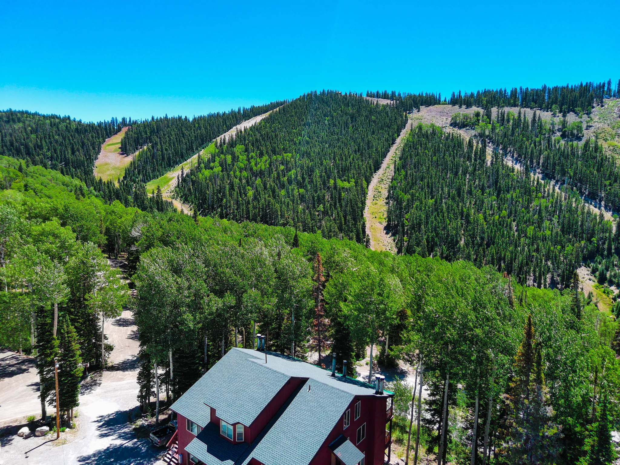 Aerial view of property and surrounding area featuring a forest