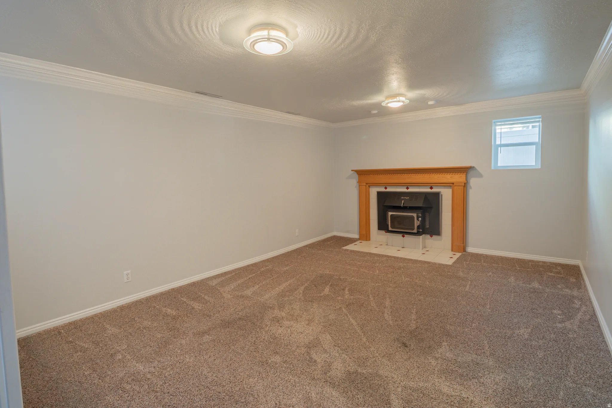 Unfurnished living room with carpet and ornamental molding