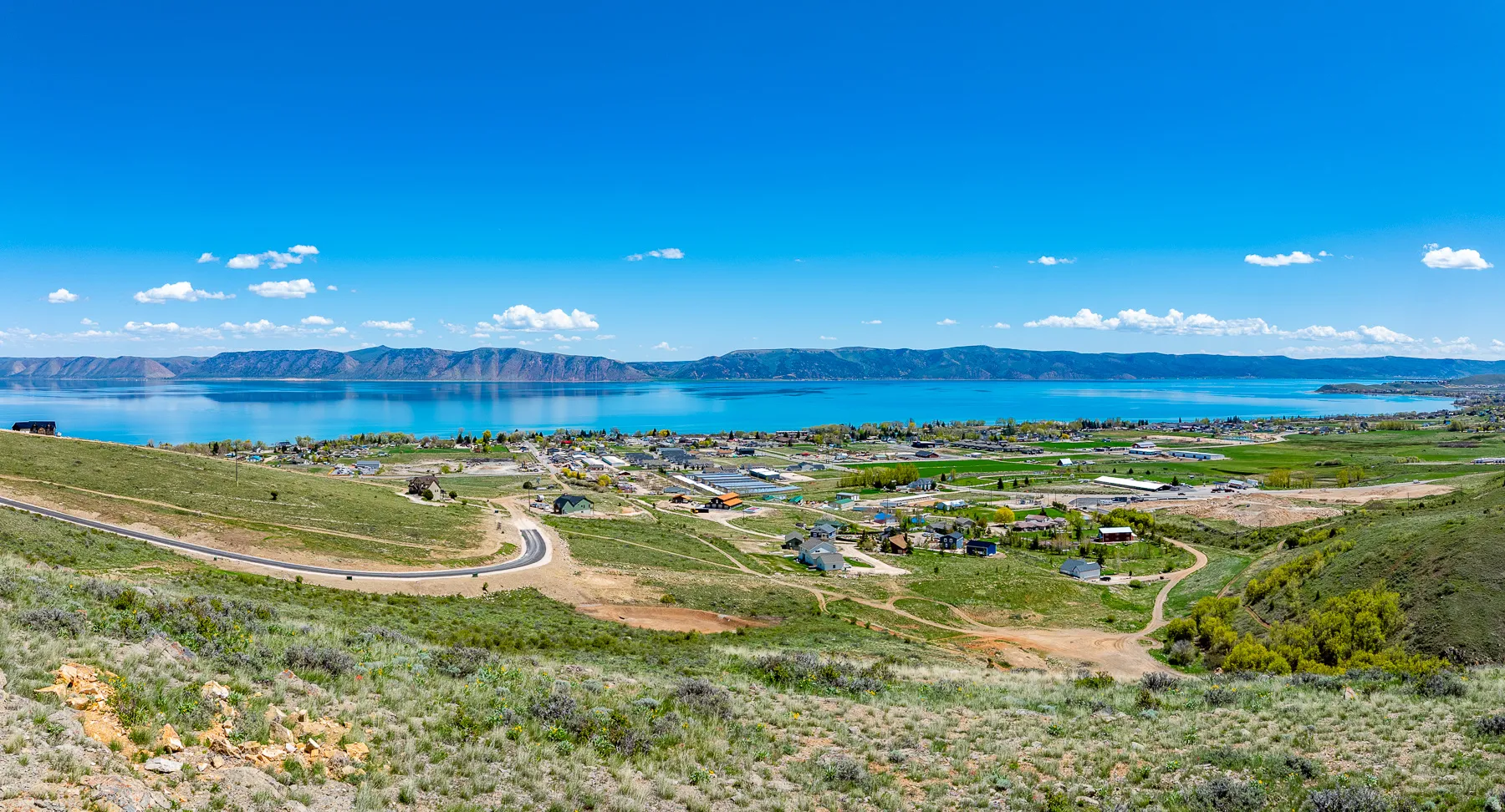 Aerial view of a water and mountain view