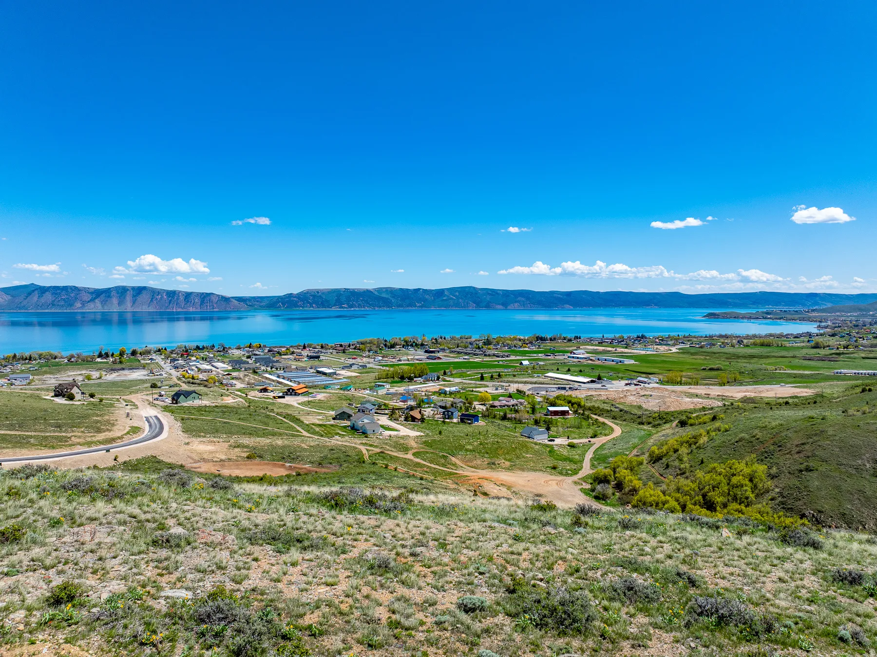 Aerial view of a water and mountain view