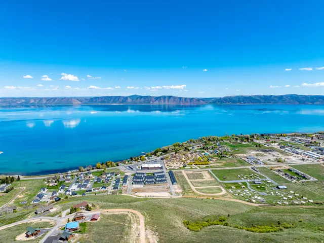 Aerial view of a water and mountain view