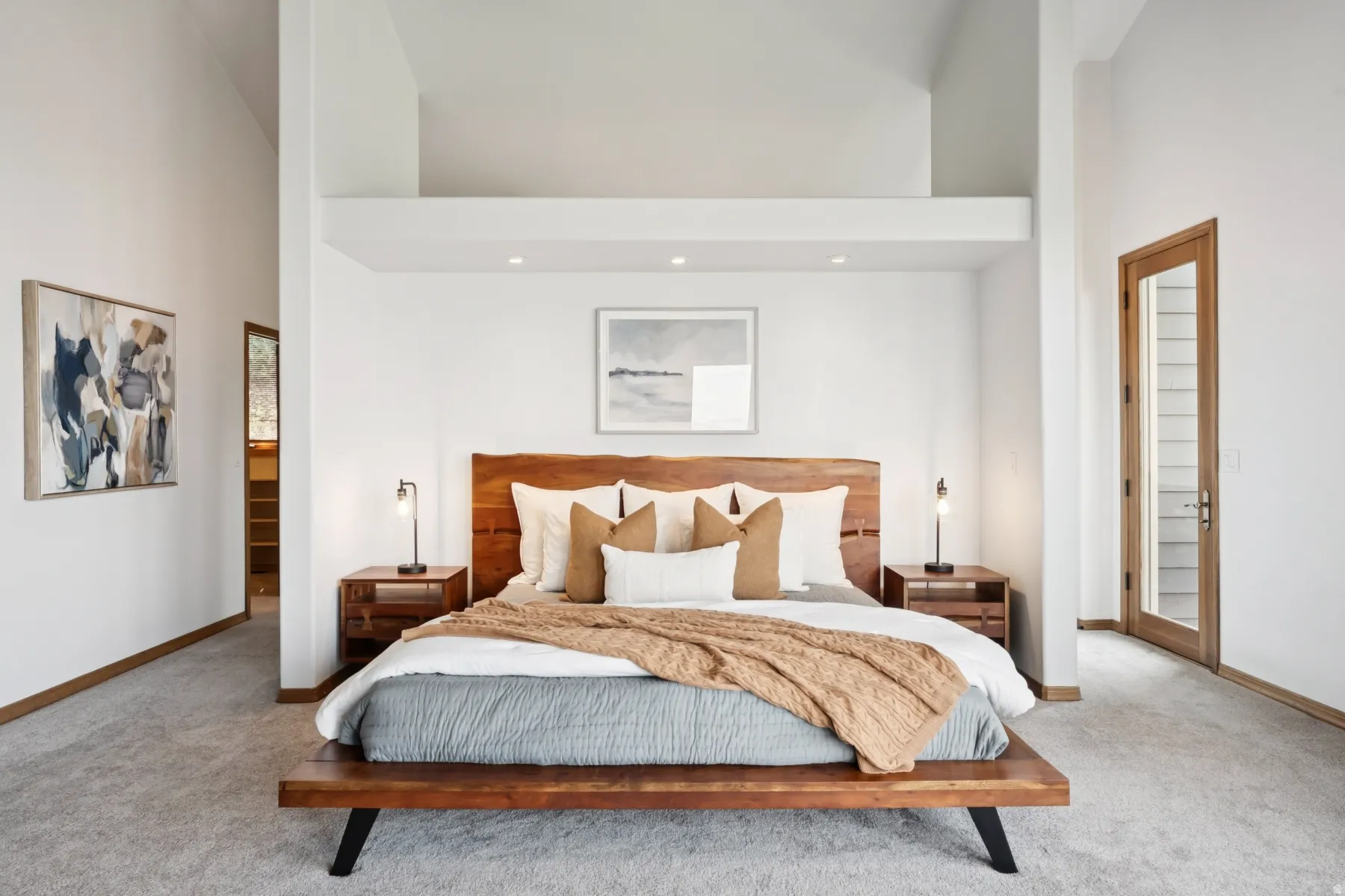 Bedroom featuring a towering ceiling, carpet floors, and recessed lighting