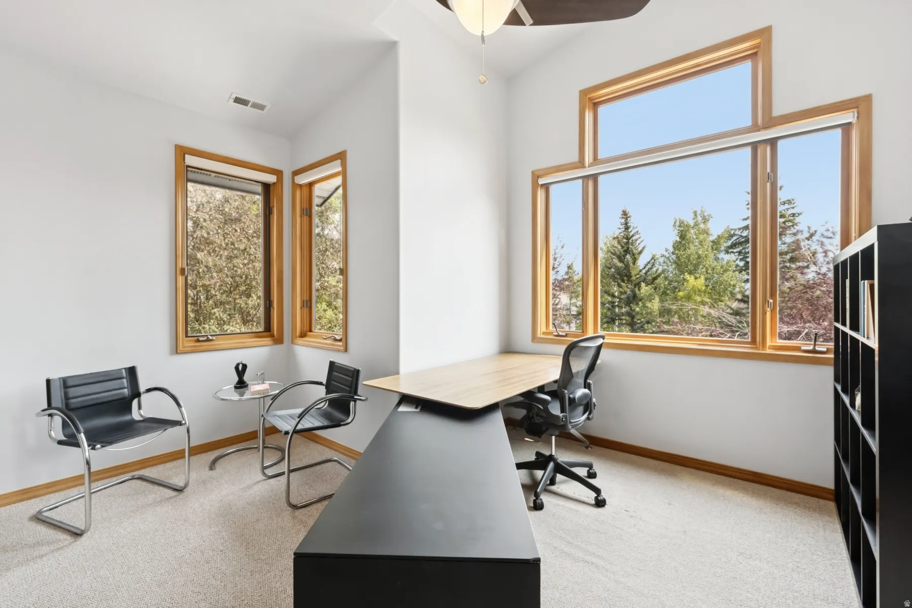 Office space with light colored carpet and a ceiling fan
