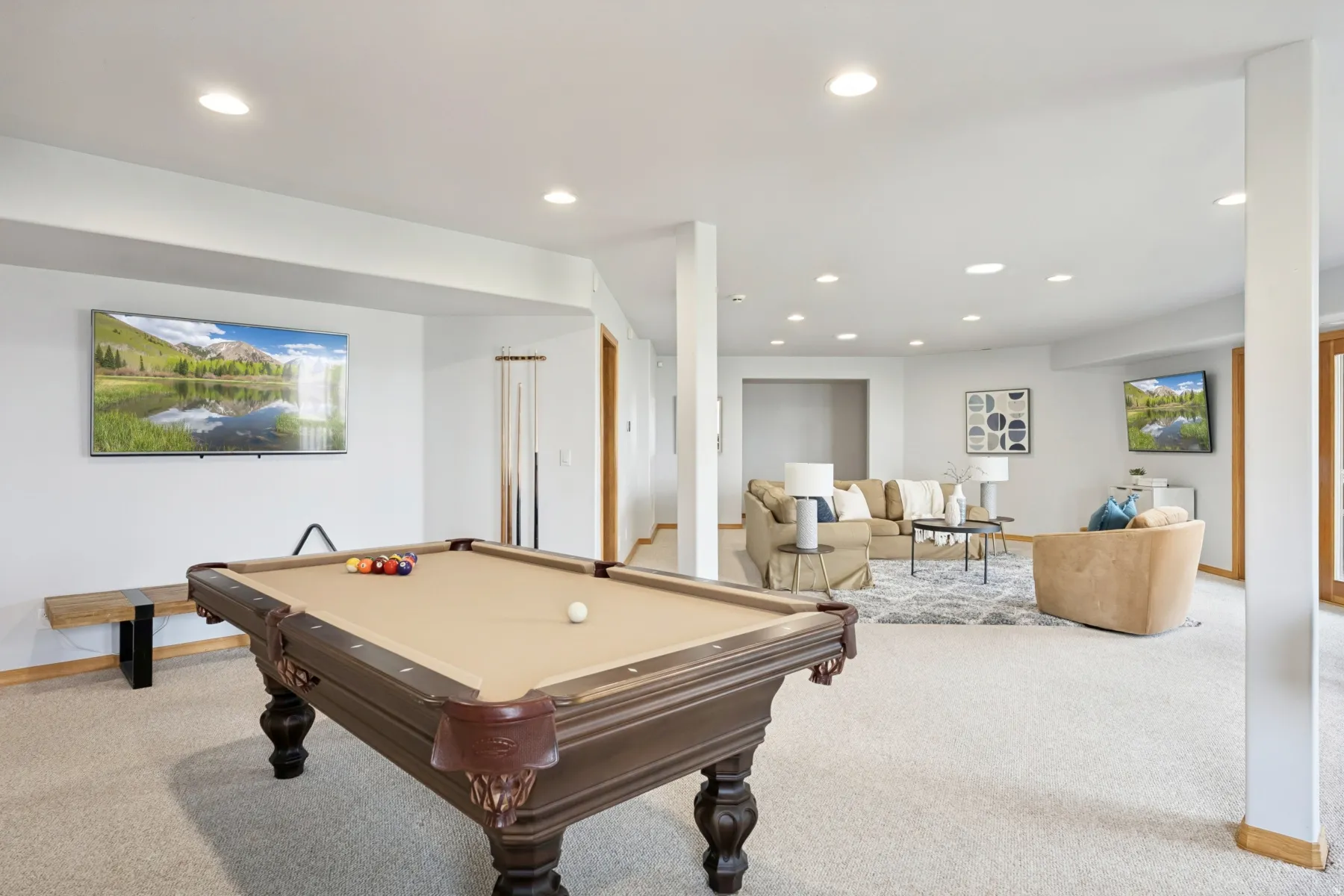 Playroom with billiards table, recessed lighting, and light carpet