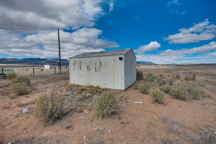 View of shed featuring a mountain view