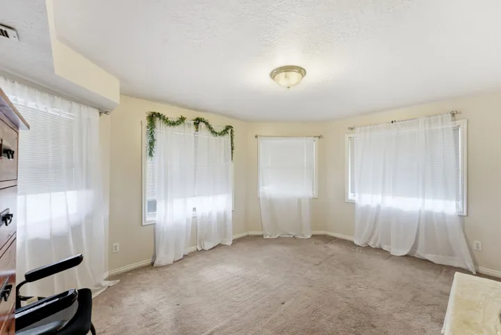 Unfurnished dining area featuring a textured ceiling, light colored carpet, and healthy amount of natural light