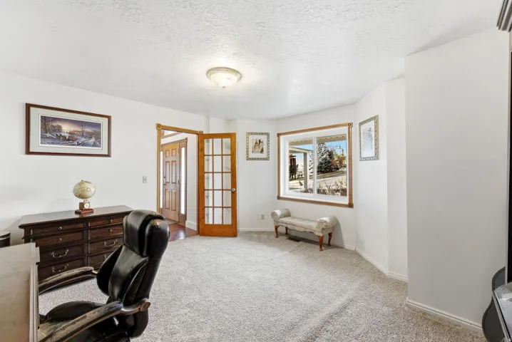 Carpeted office with a textured ceiling and french doors