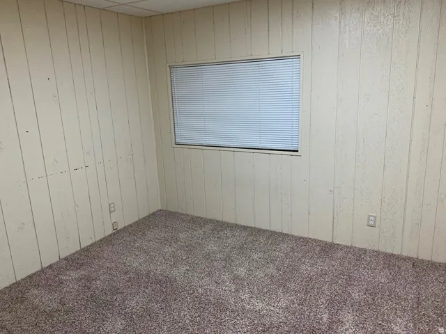 Unfurnished bedroom with wooden walls and carpet flooring