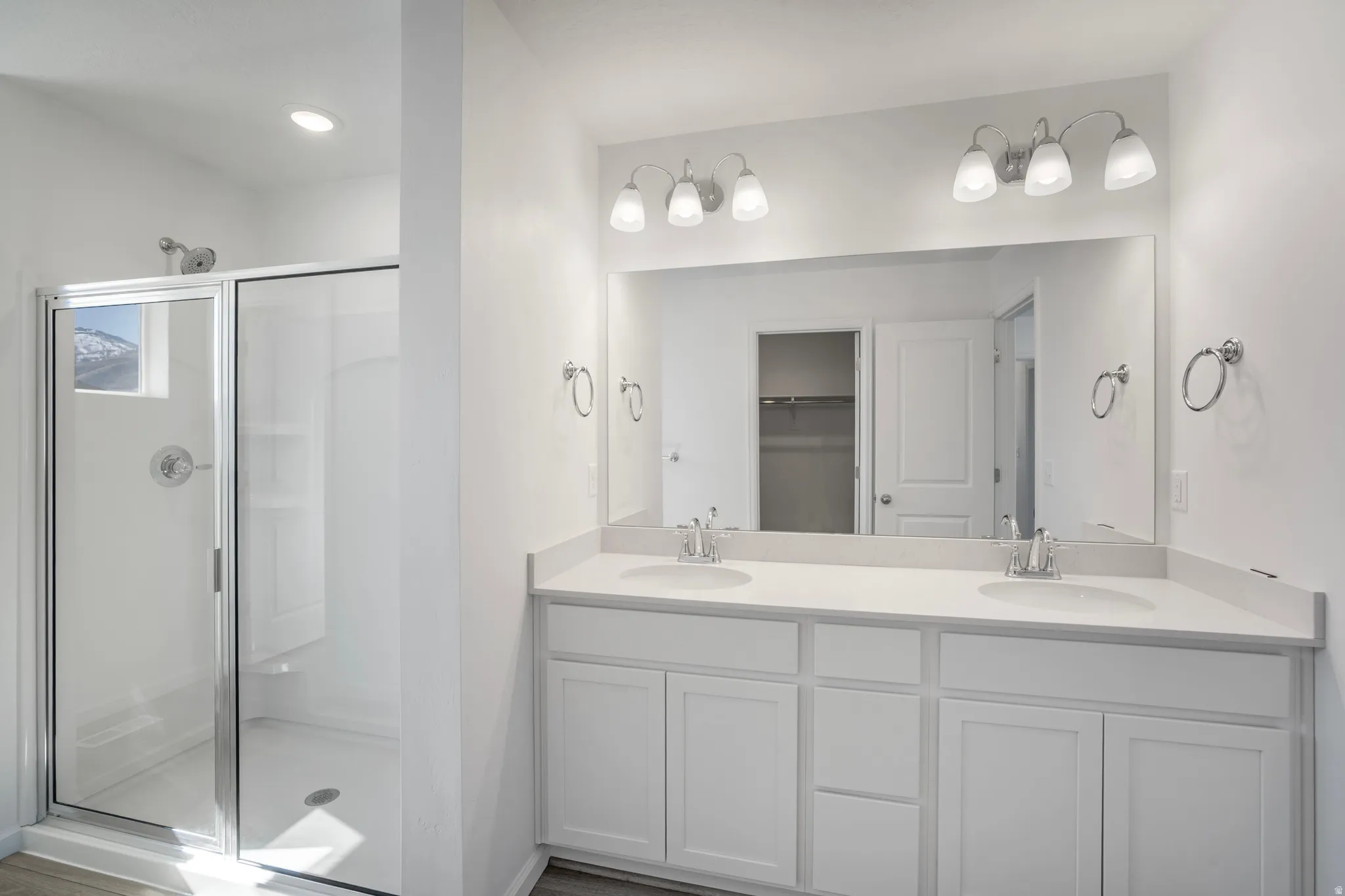 Bathroom with double vanity, a shower stall, and a walk in closet
