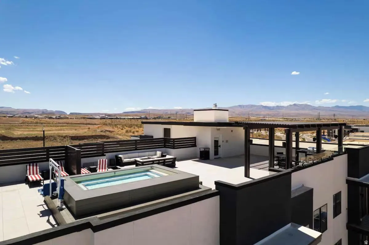 View of patio featuring a mountain view