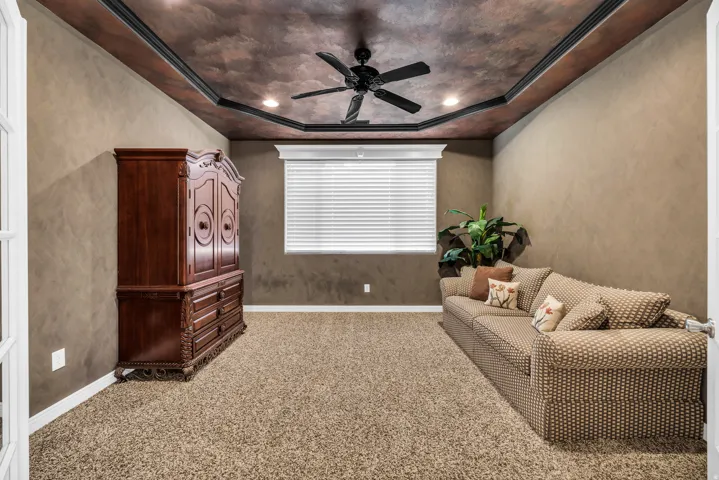 Sitting room with a ceiling fan, carpet flooring, a textured wall, and a raised ceiling