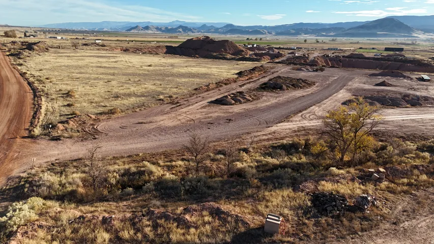 Expansive open land with a dirt road, distant mountains, and scattered vegetation
