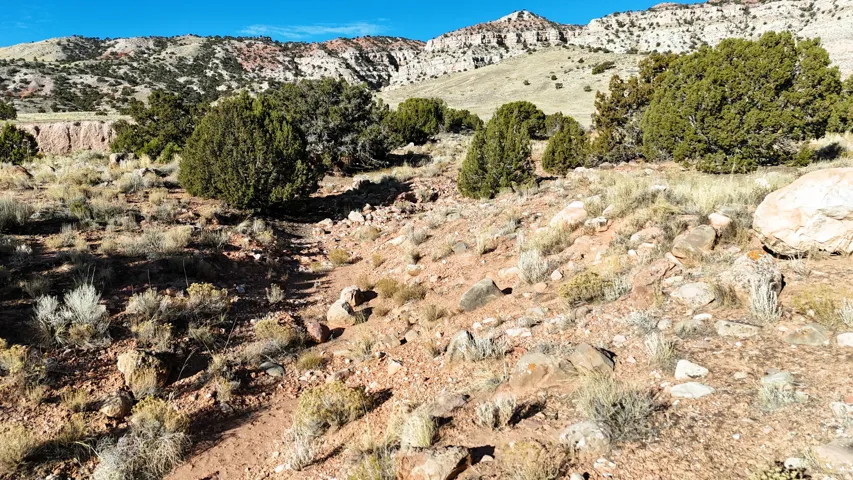 Expansive mountainous terrain with natural rock formations and scattered evergreen shrubs under a clear sky
