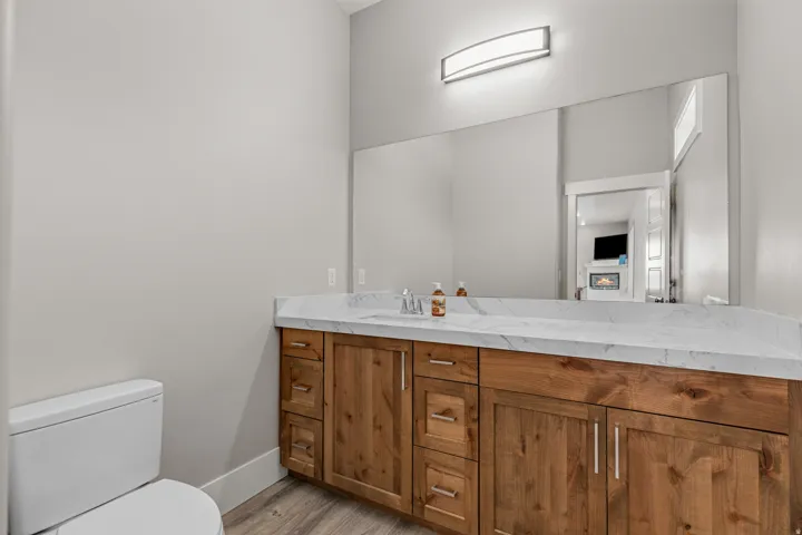 Bathroom featuring vanity and light wood-style floors