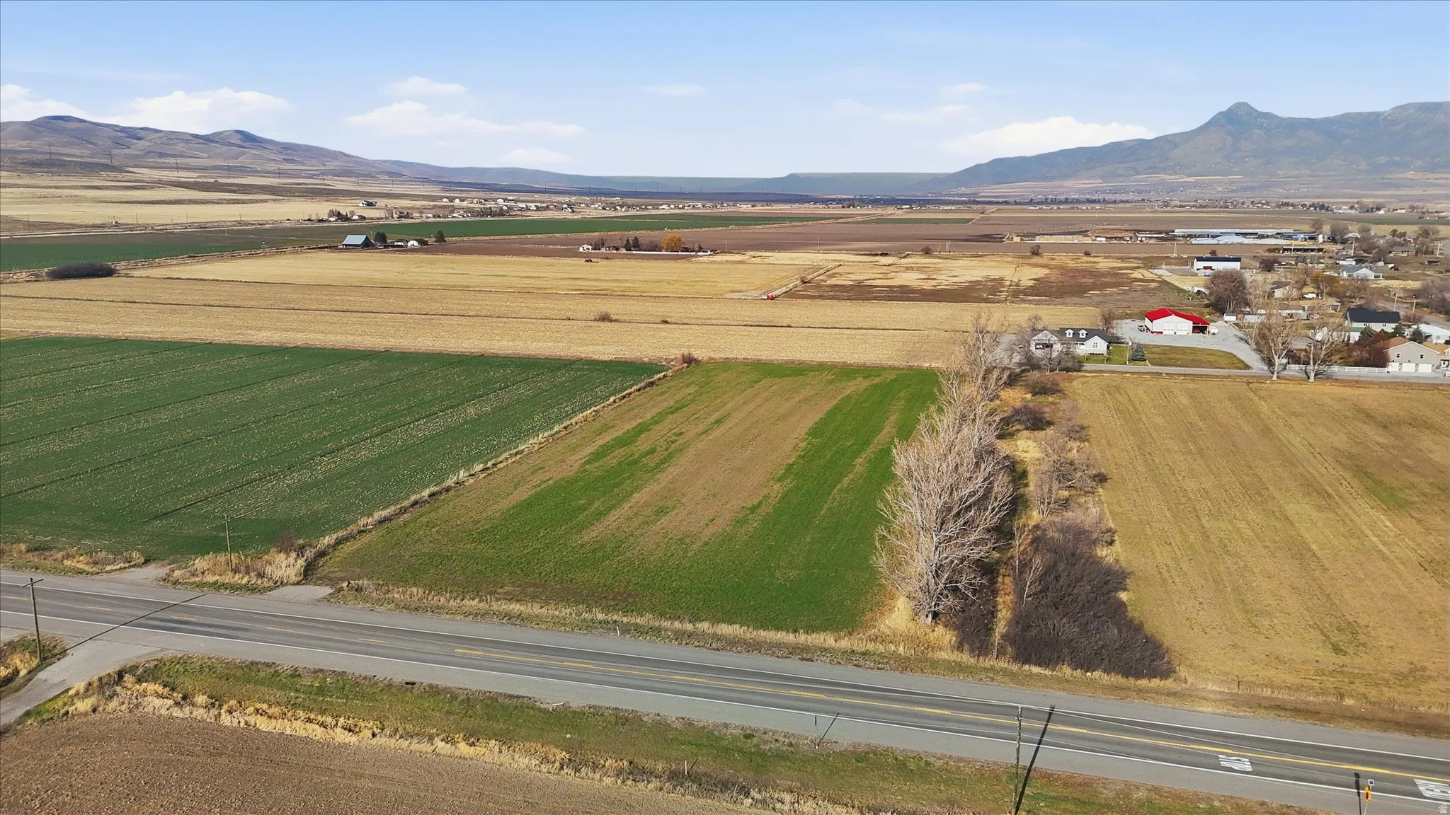 View of rural area with mountains and rows of crops