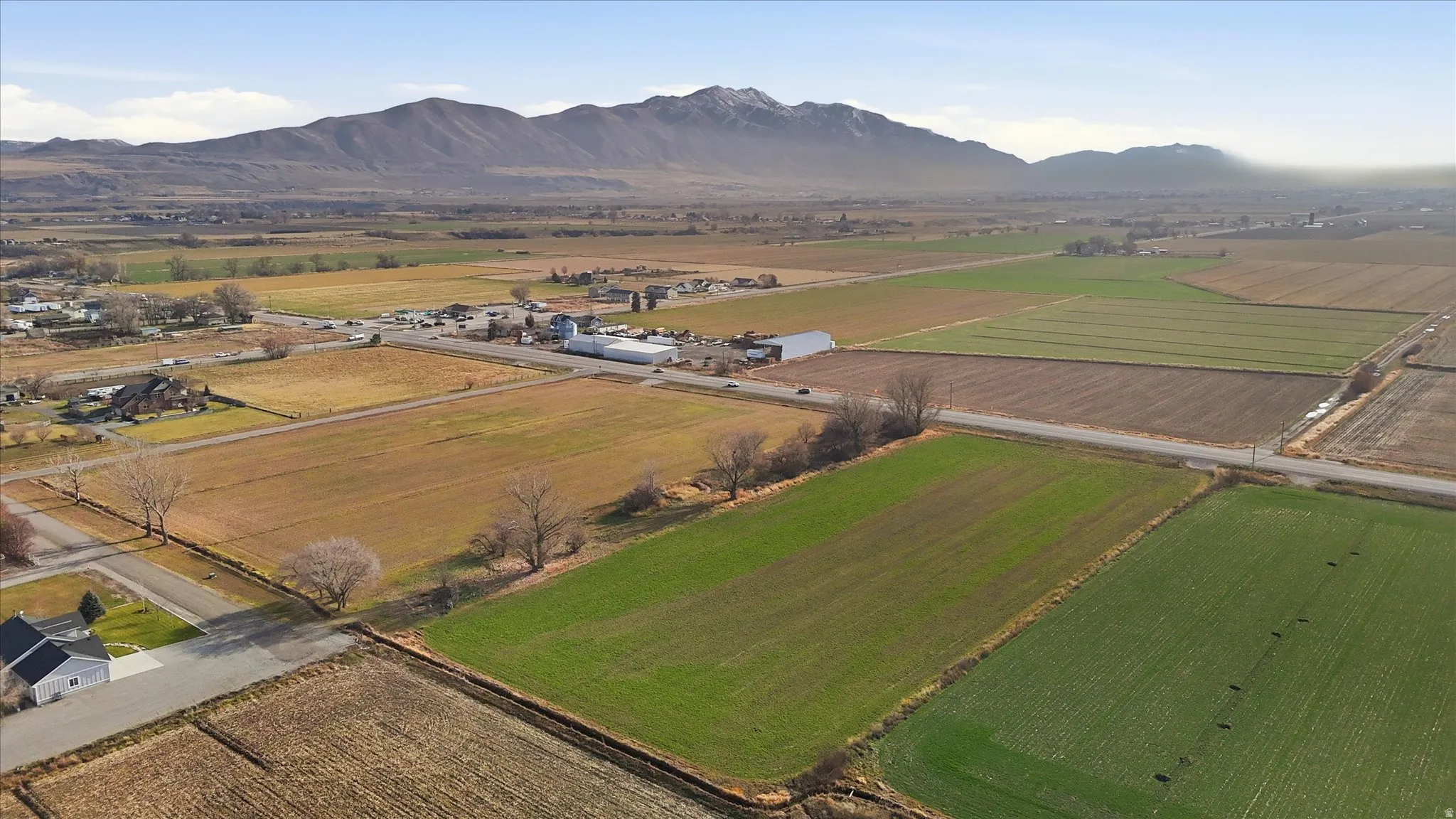 Overview of rural landscape featuring abundant farmland and a mountain backdrop