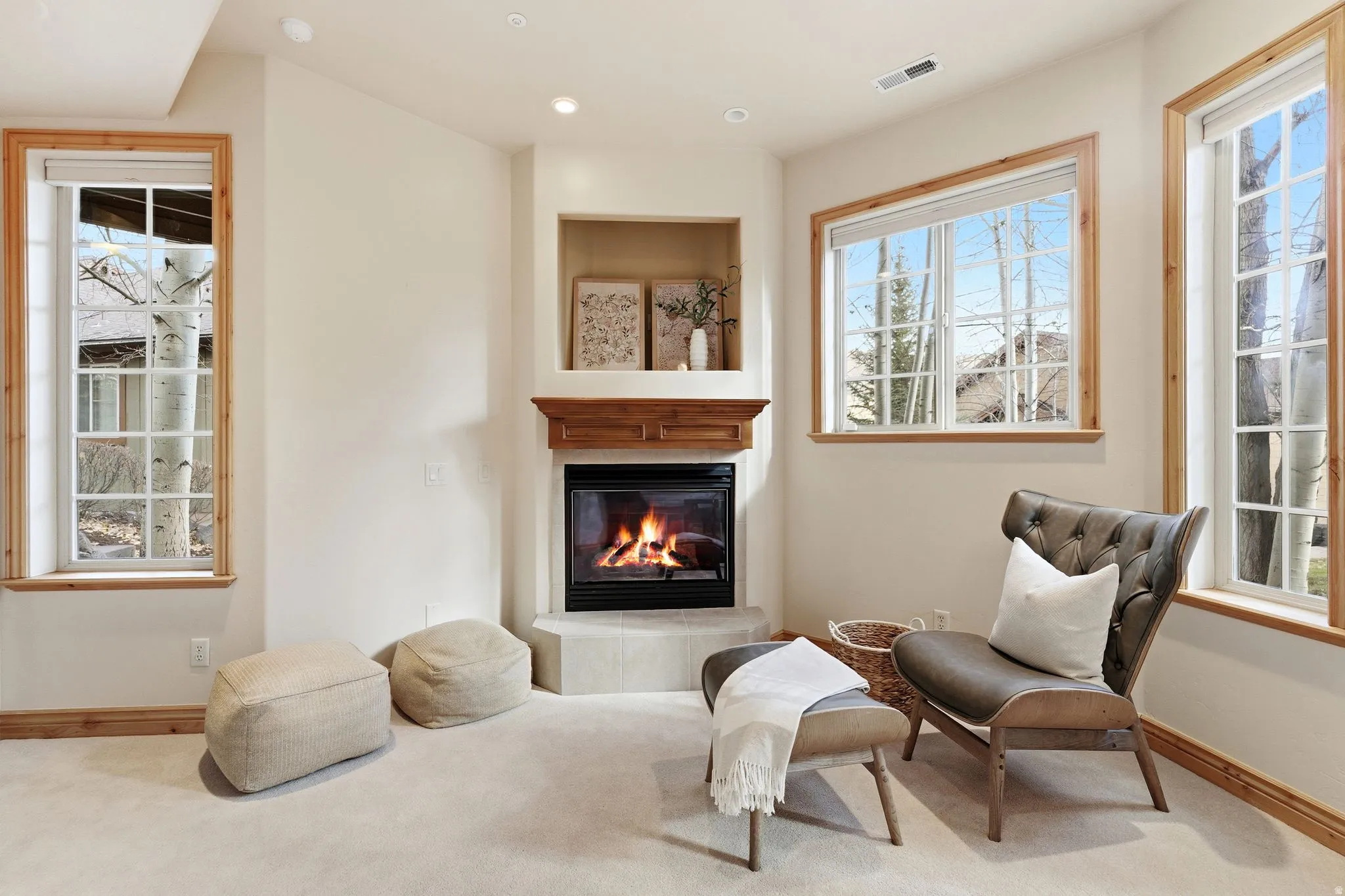 Sitting room with plenty of natural light, carpet, and a glass covered fireplace