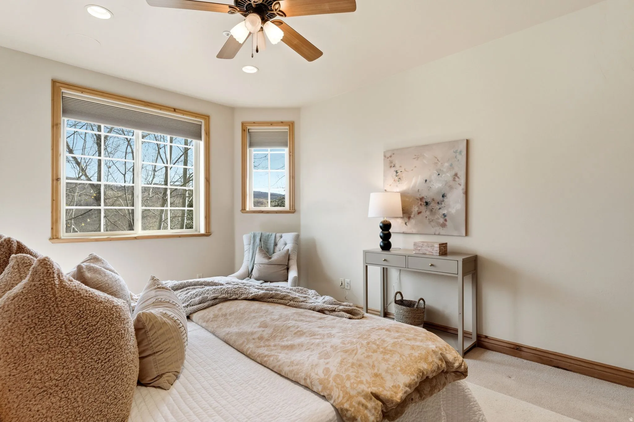 Bedroom with a ceiling fan, carpet flooring, and recessed lighting