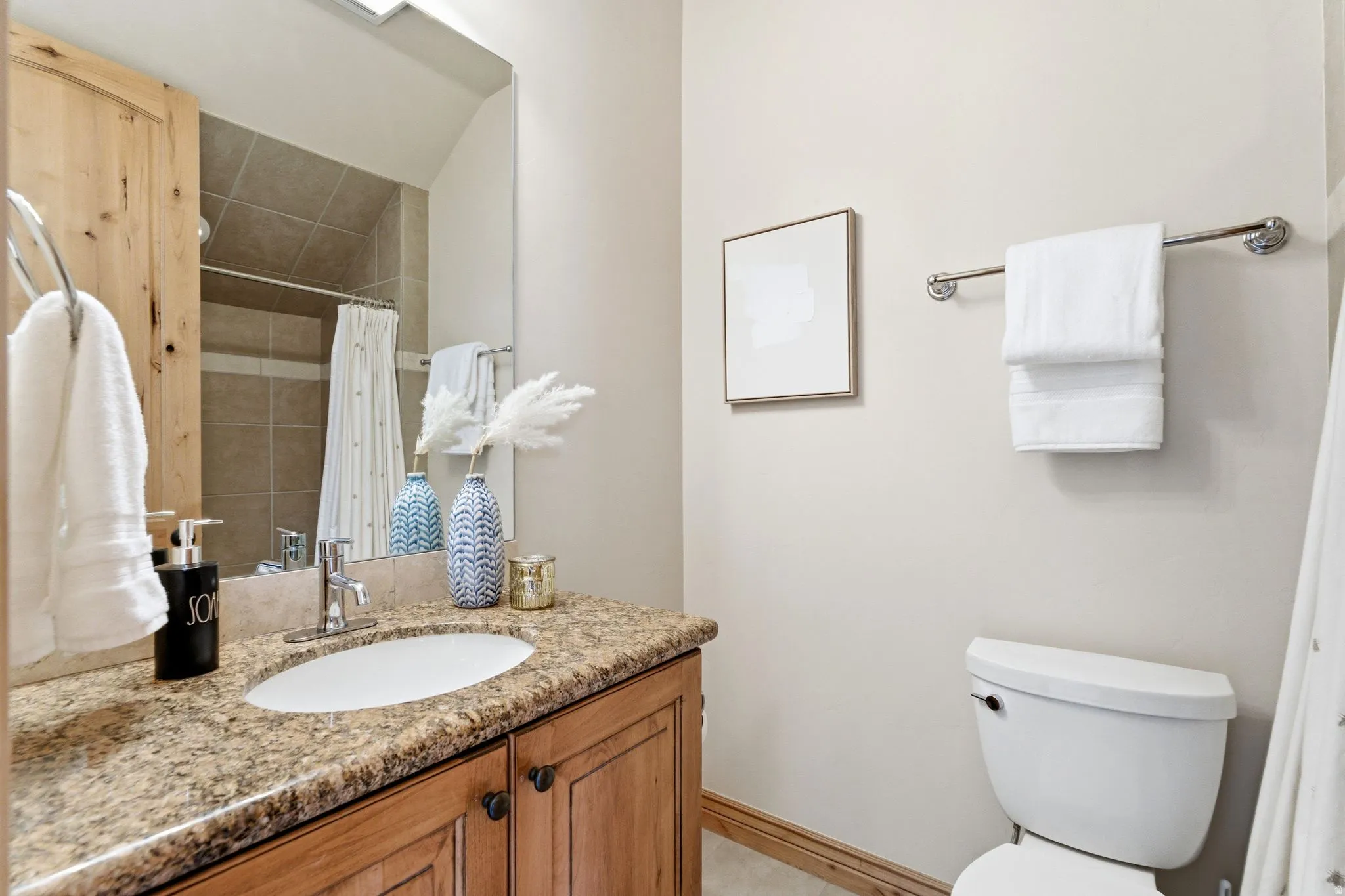 Bathroom with vanity and a shower with shower curtain