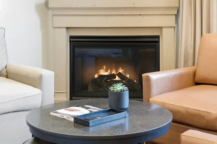 Detailed view of a glass covered fireplace