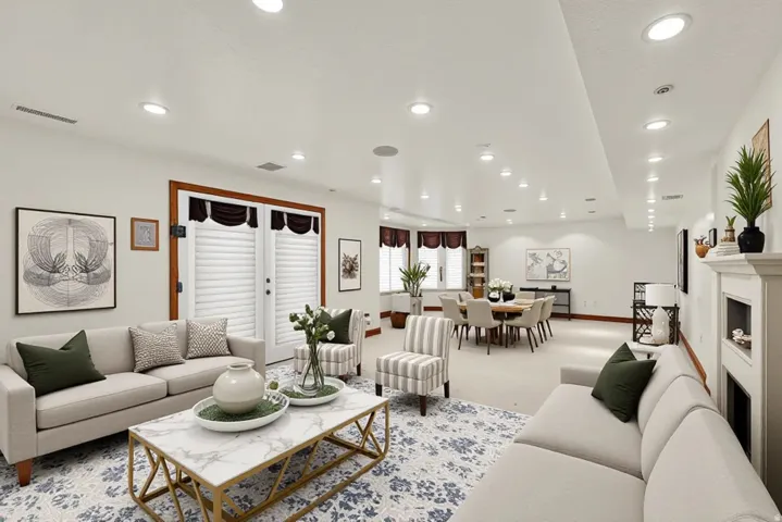 Carpeted living room with recessed lighting and a fireplace