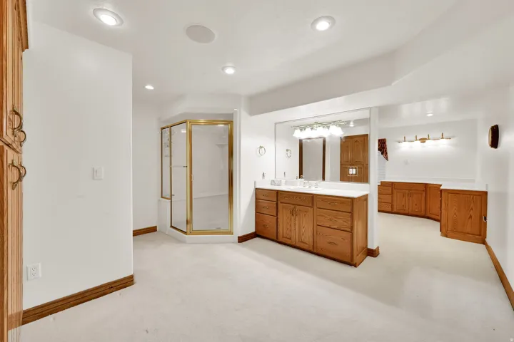 Full bathroom with light carpet, a stall shower, vanity, and recessed lighting