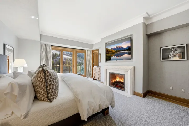 Bedroom featuring access to exterior, a premium fireplace, and carpet