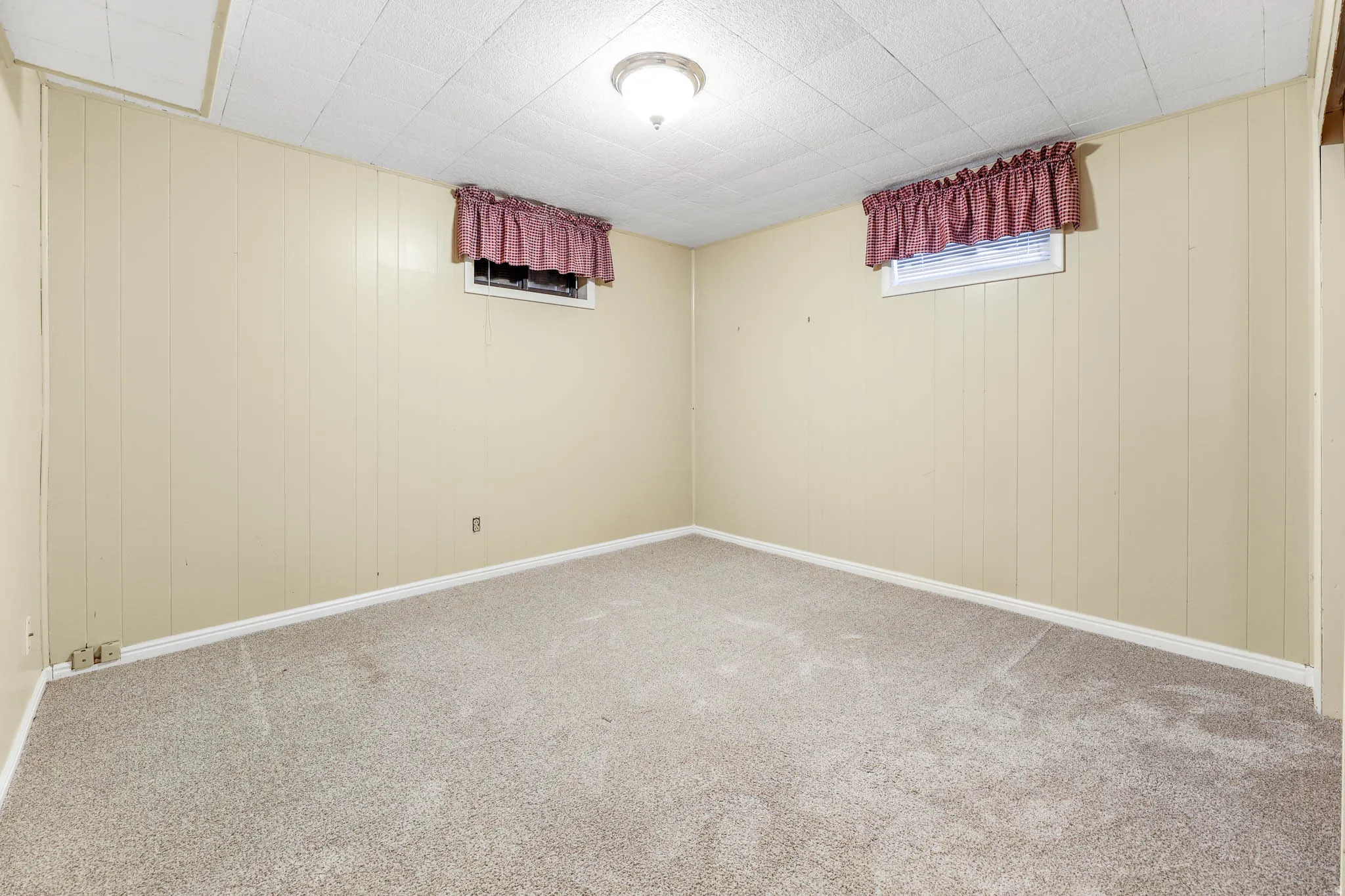 Below grade area with wooden walls and carpet floors