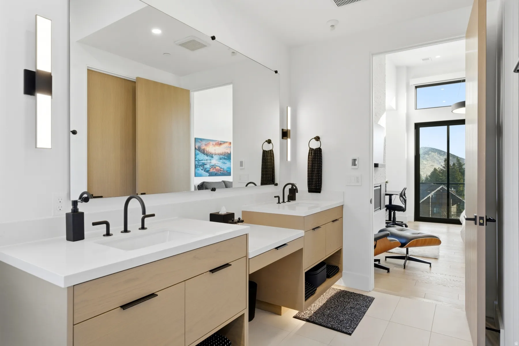 Full bathroom featuring double vanity and recessed lighting