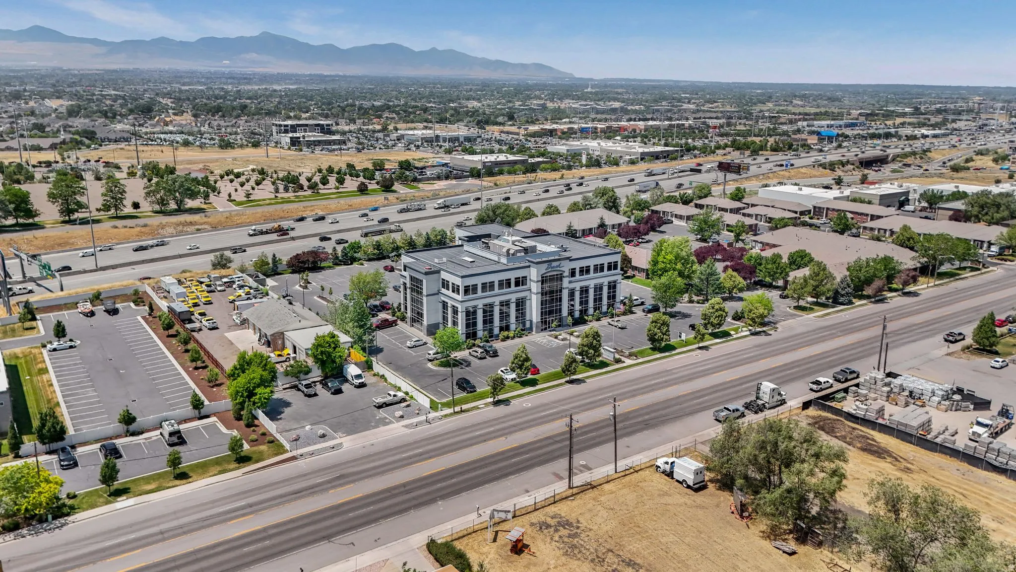 Bird's eye view of mountains and a major roadway