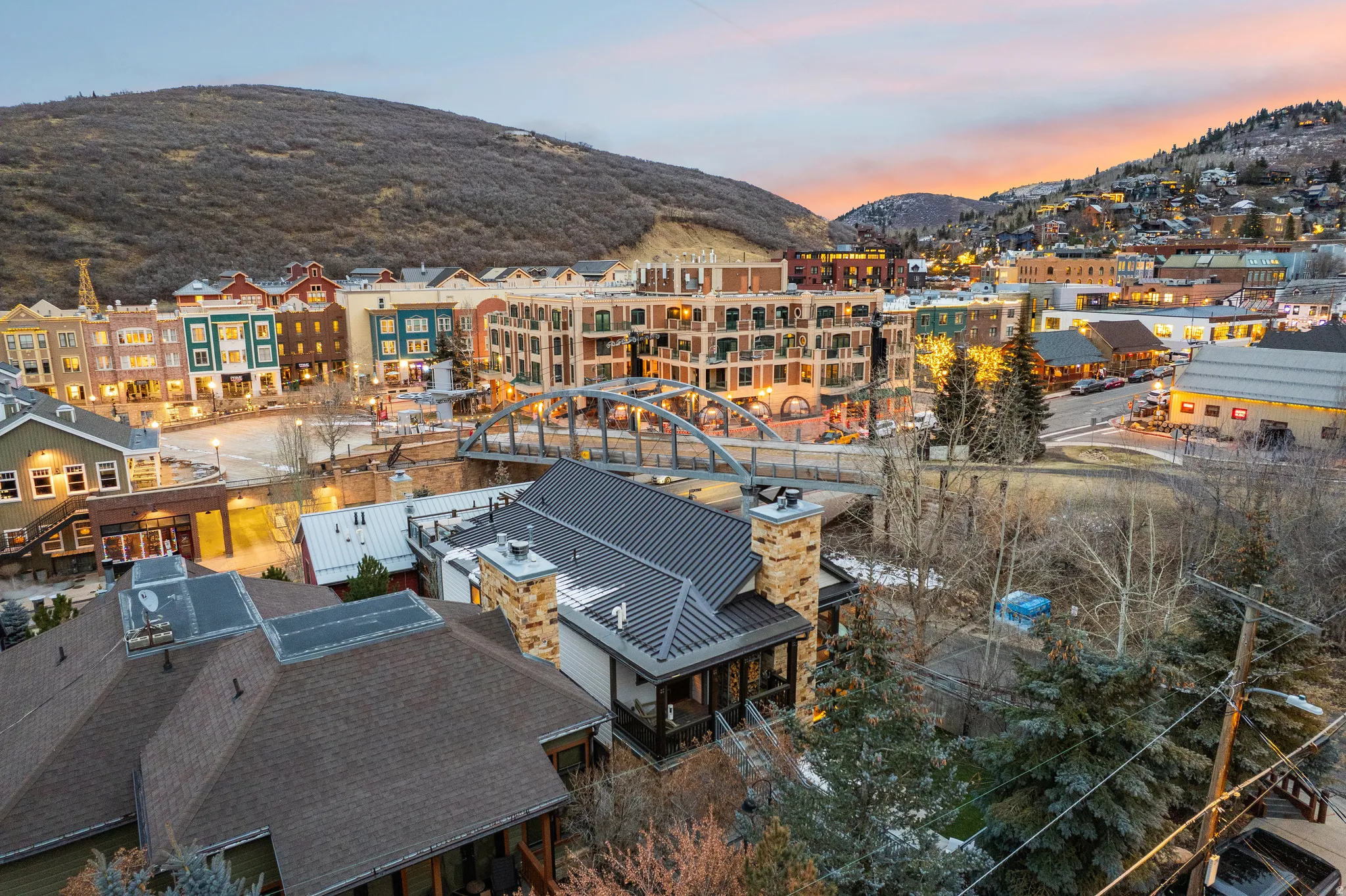 Aerial view at dusk of a mountain view