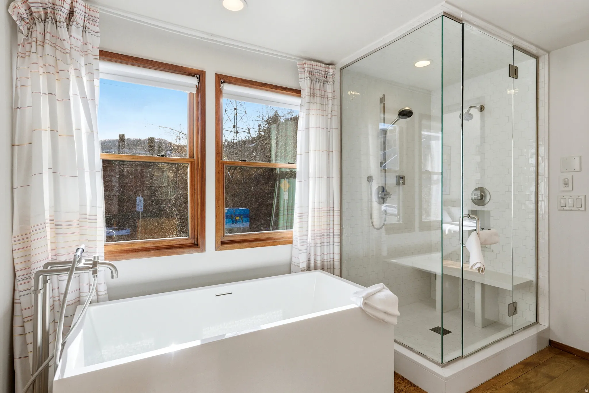 Full bath with a stall shower, a freestanding tub, and recessed lighting