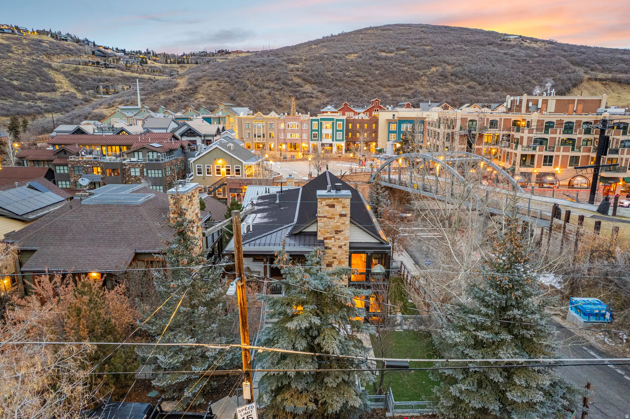 Aerial view at dusk of a mountain view